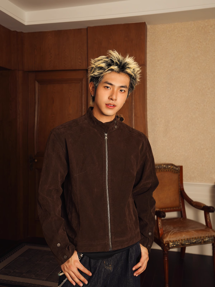 KONOOT Vintage Faux Suede Stand-Up Jacket