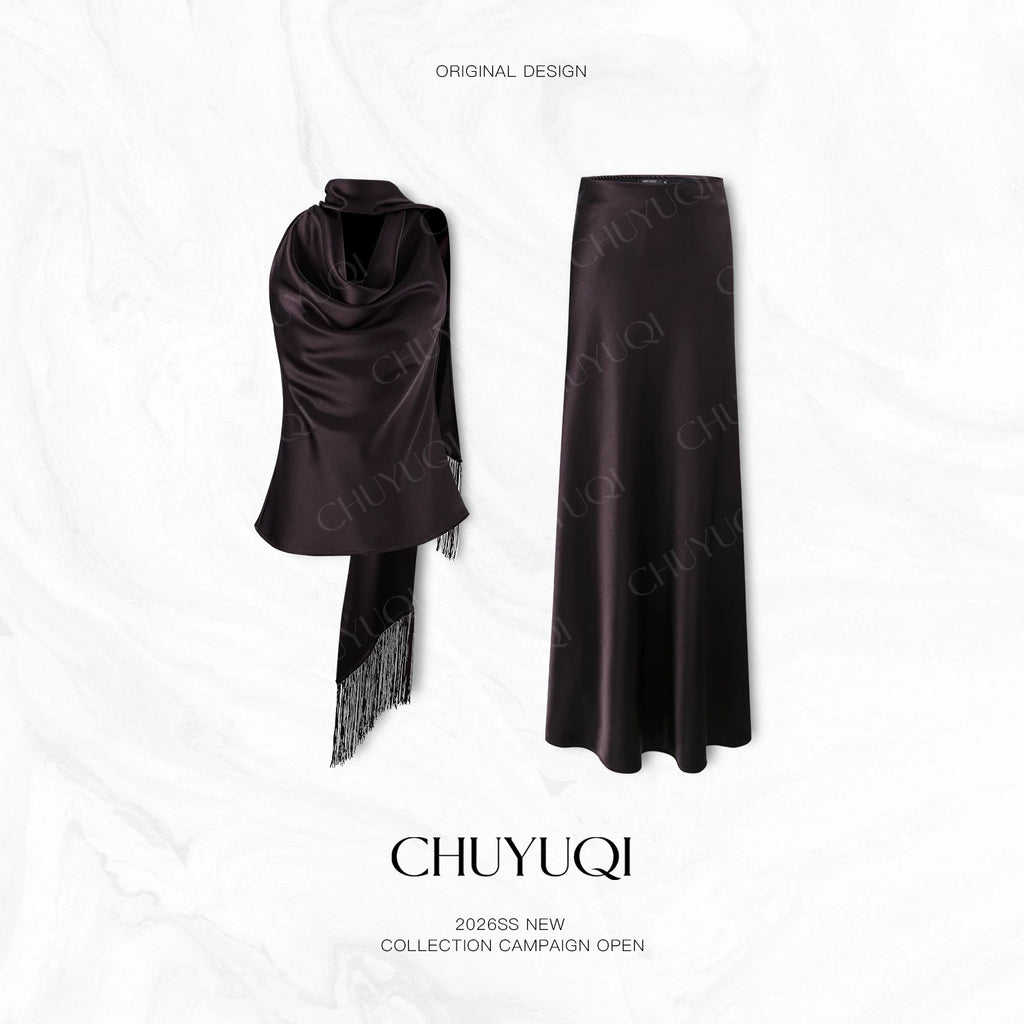 CHUYUQI Streamer Fringed Top Draped Skirt Set