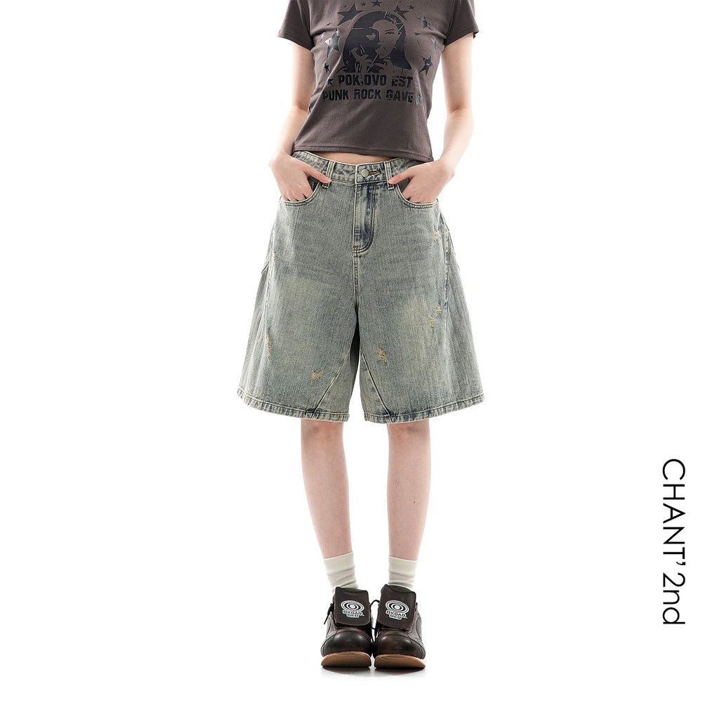 CHANT2nd Vintage Ripped Denim Wide Leg Shorts