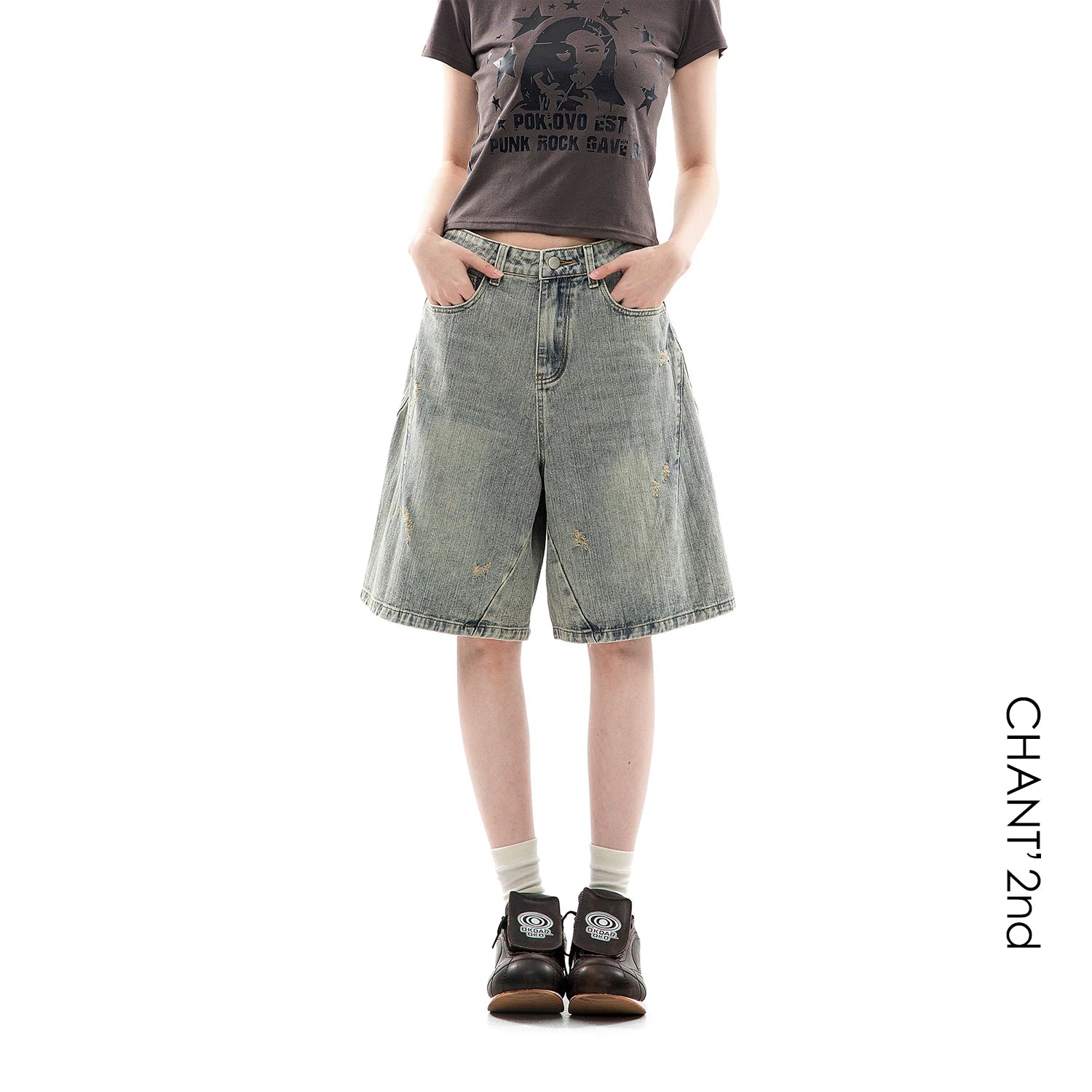 CHANT2nd Vintage Ripped Denim Wide Leg Shorts