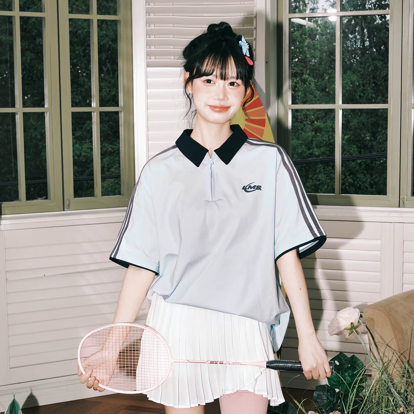 Lemanism Contrasting Sports POLO Collar Loose Tee