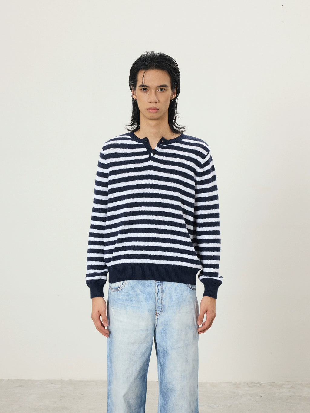 BTSG Lazy Wind Slack Striped Henry Neck Long Sleeve Knitted Sweater