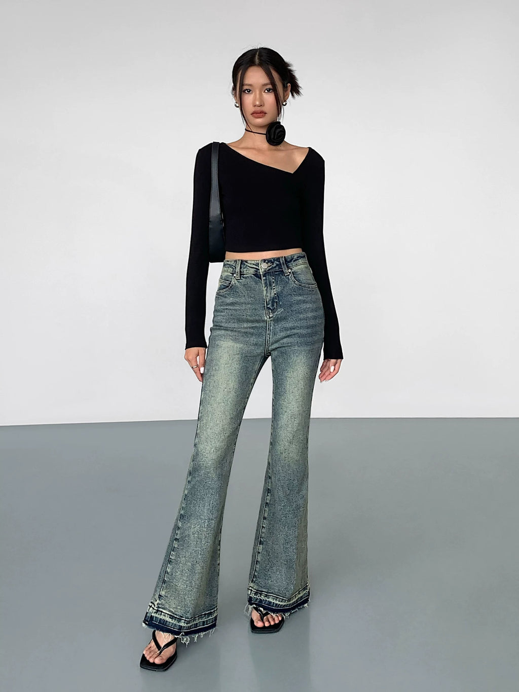 Ousph High Waist Raw Edge Bootcut Jeans