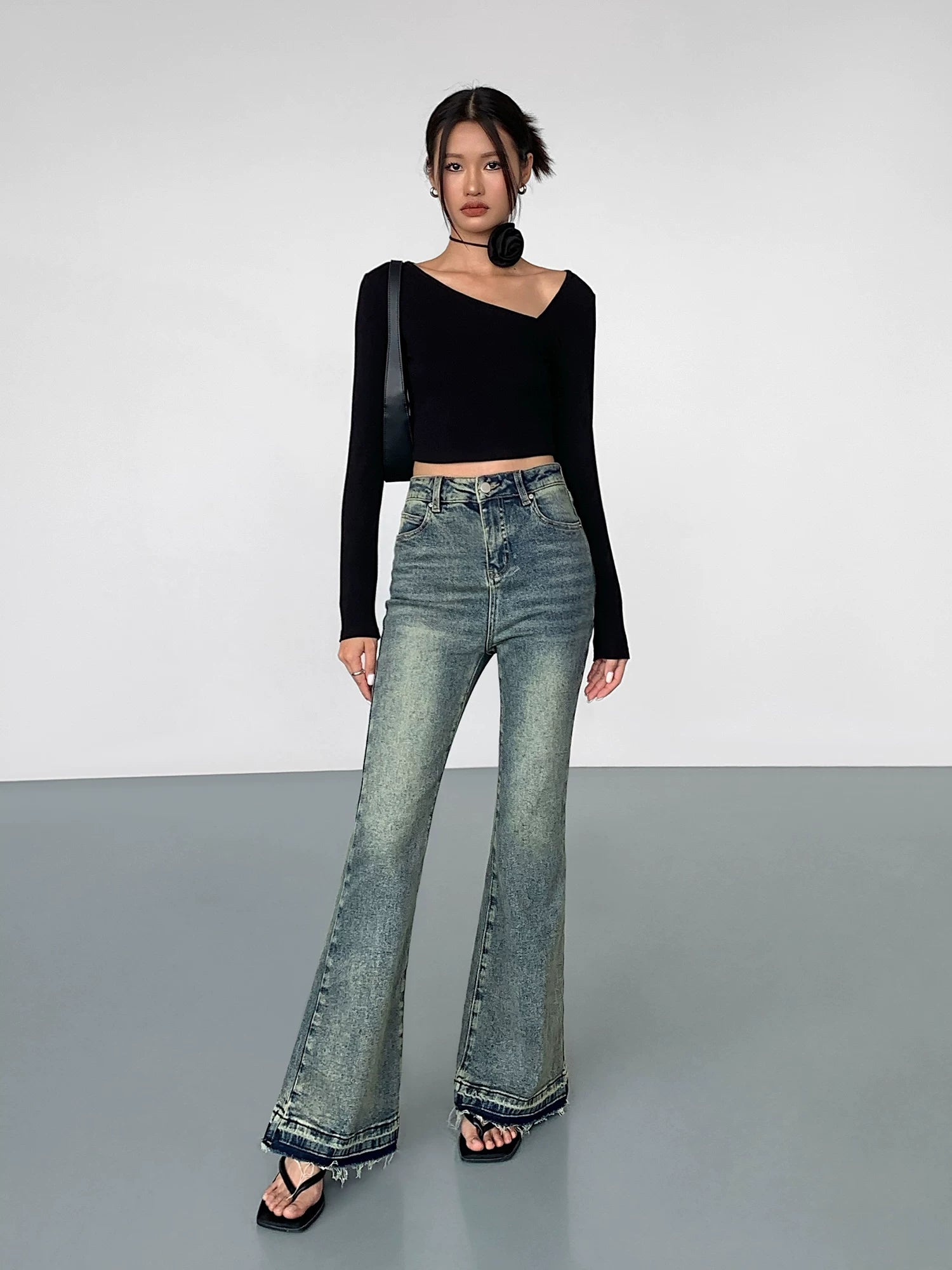 Ousph High Waist Raw Edge Bootcut Jeans