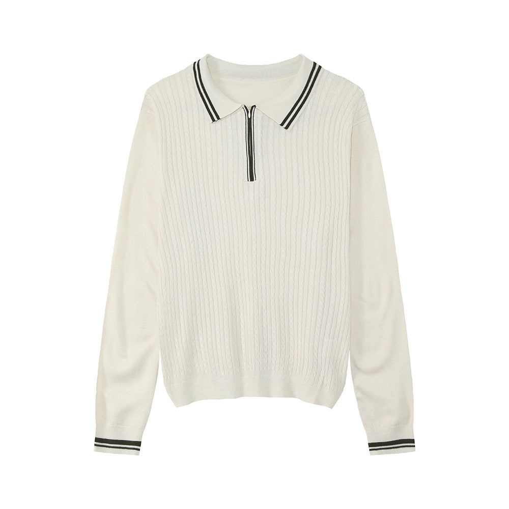 MTLCLOTHES Lapel Zipper Semi-open Neck Slim-fit Long-sleeved Knitted Sweater