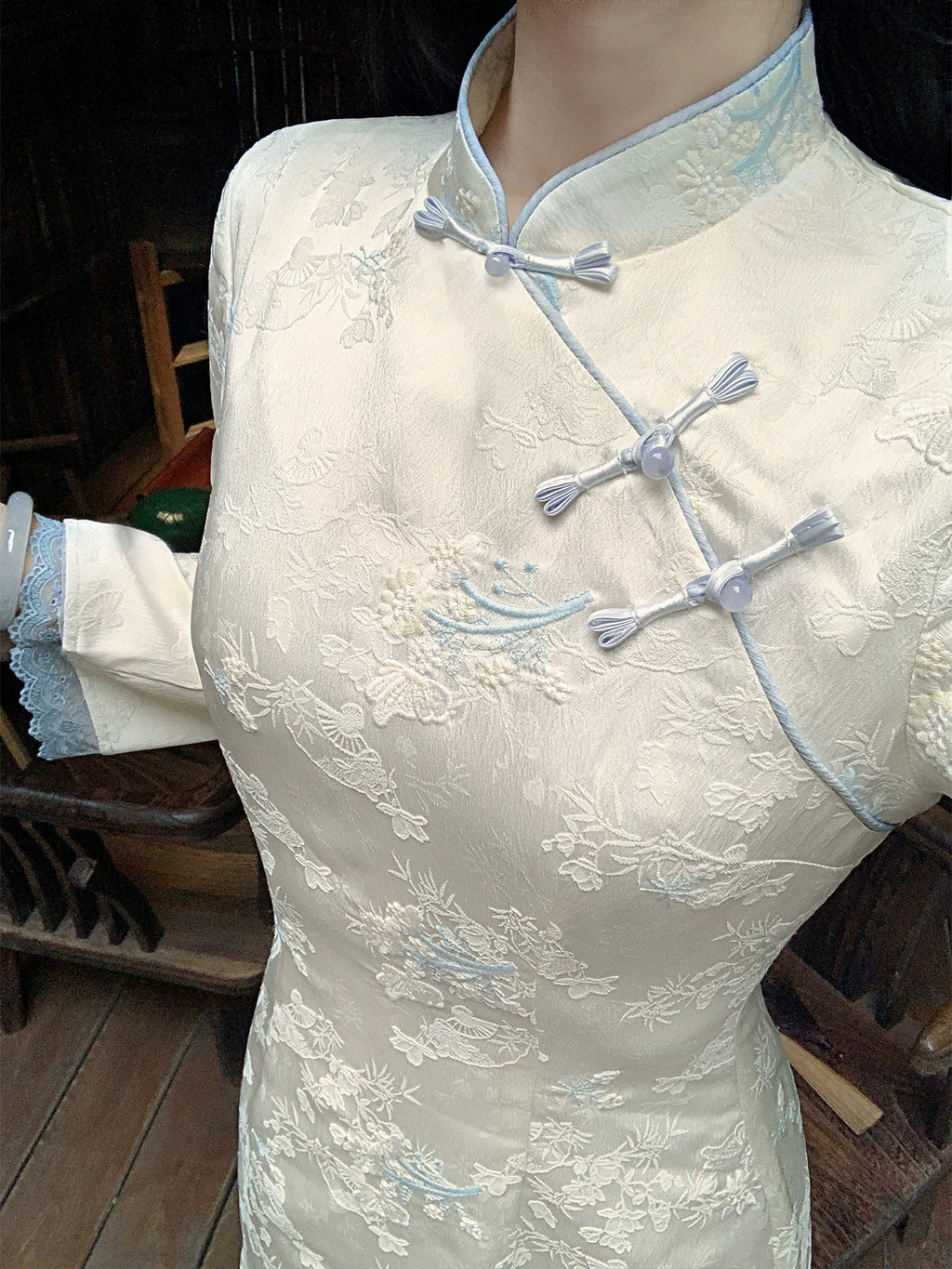 ZIHE Fake Two-piece Lace Paneled Long-sleeved Dress
