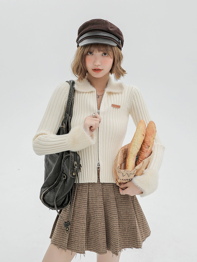 Girlyhalo Slim-fit Lapel Zip-up Sweater