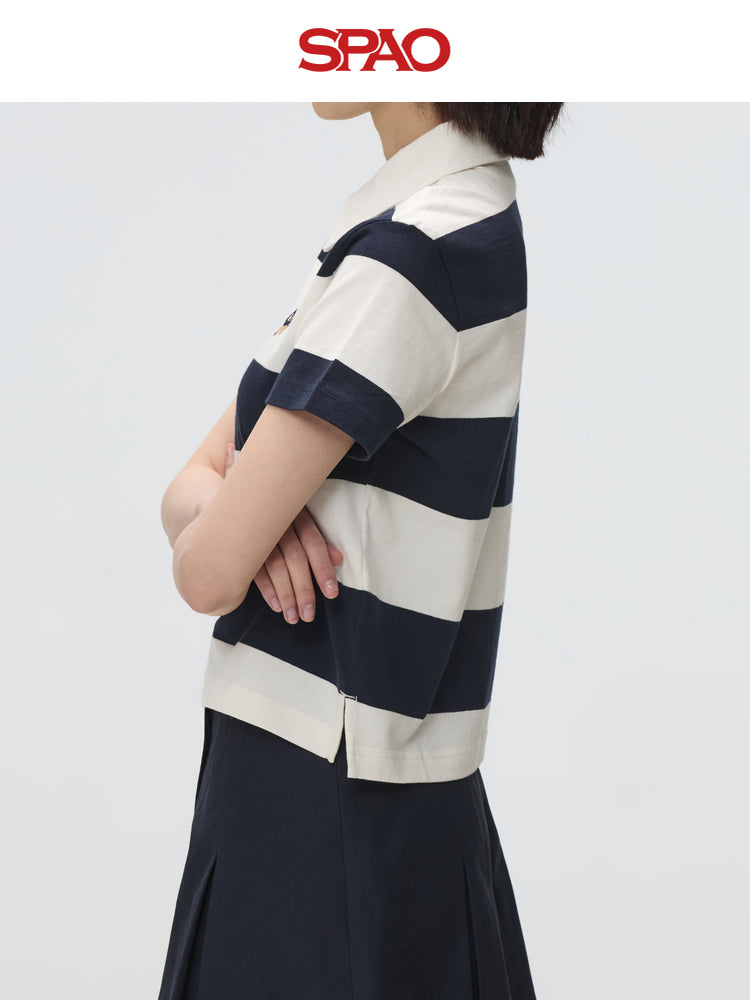 SPAO Women's Striped Polo Collar Casual T-shirt SPHWF24G51