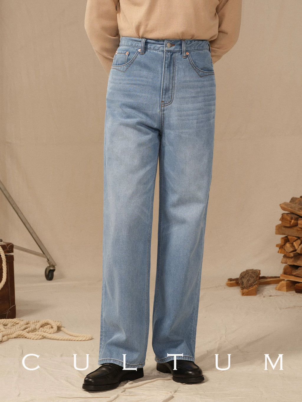 CULTUM Vintage Denim High Waist Wide Leg Straight Casual Pants