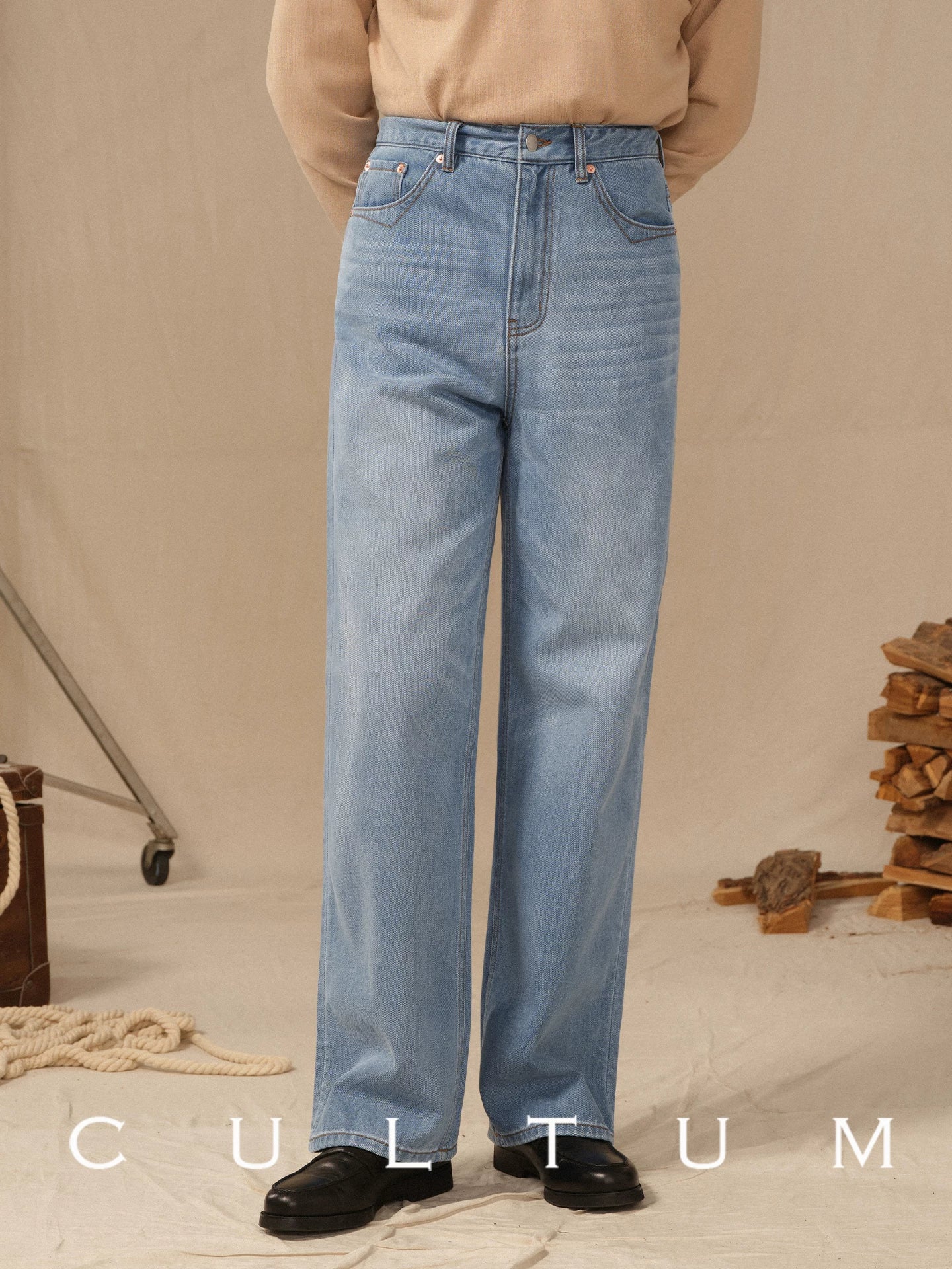 CULTUM Vintage Denim High Waist Wide Leg Straight Casual Pants
