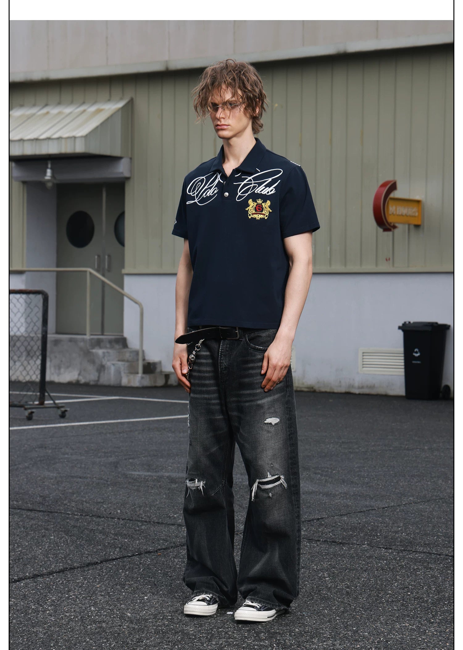 SAXGENWON Vintage Embroidery Front Shoulder Polo Tee