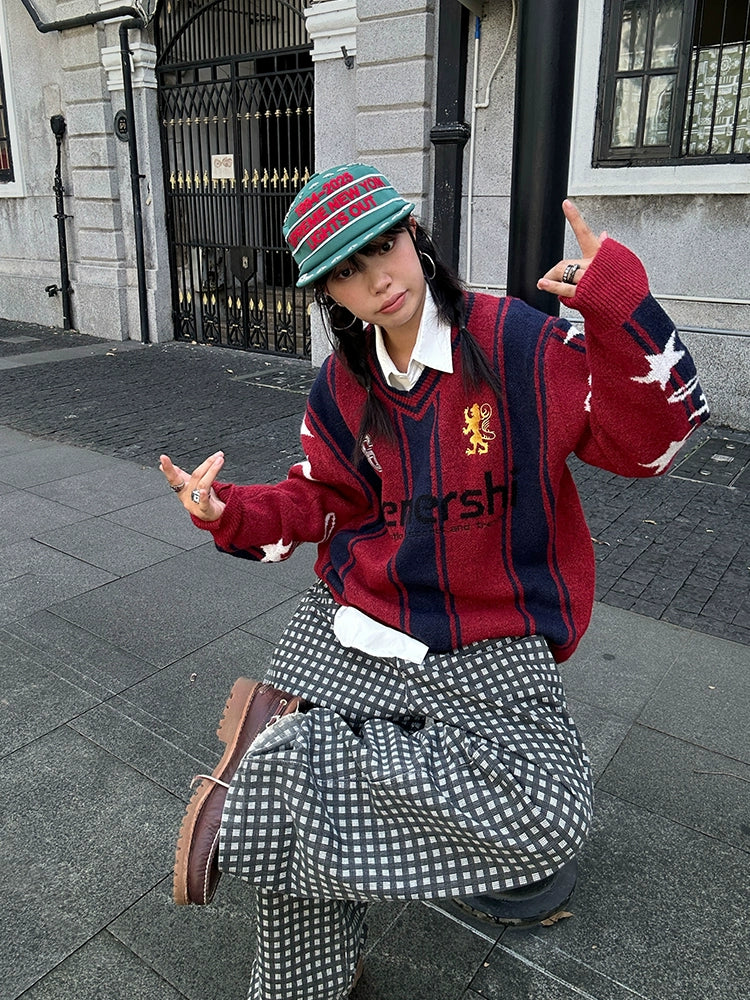 Mershier Striped Color Matching Digital Embroidered Knitted Sweater