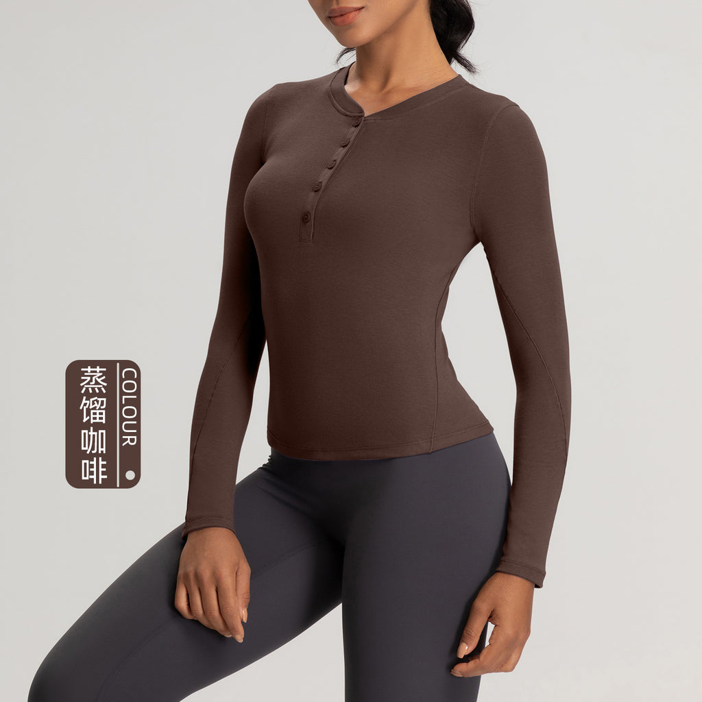 Athena Lulu Button Long Sleeve T-Shirt High Stretch Sports Henley Shirt Top