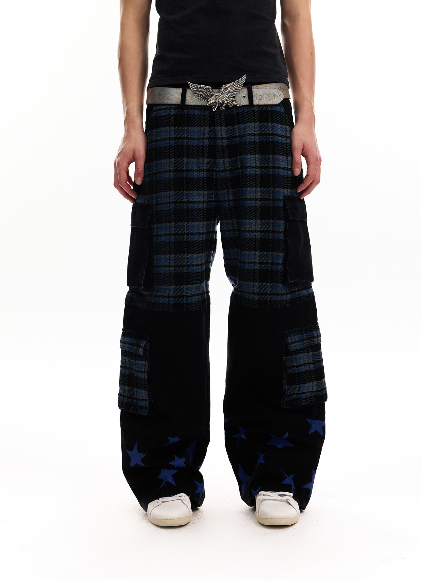 No E Mosen Plaid Multi-pocket Straight Jeans