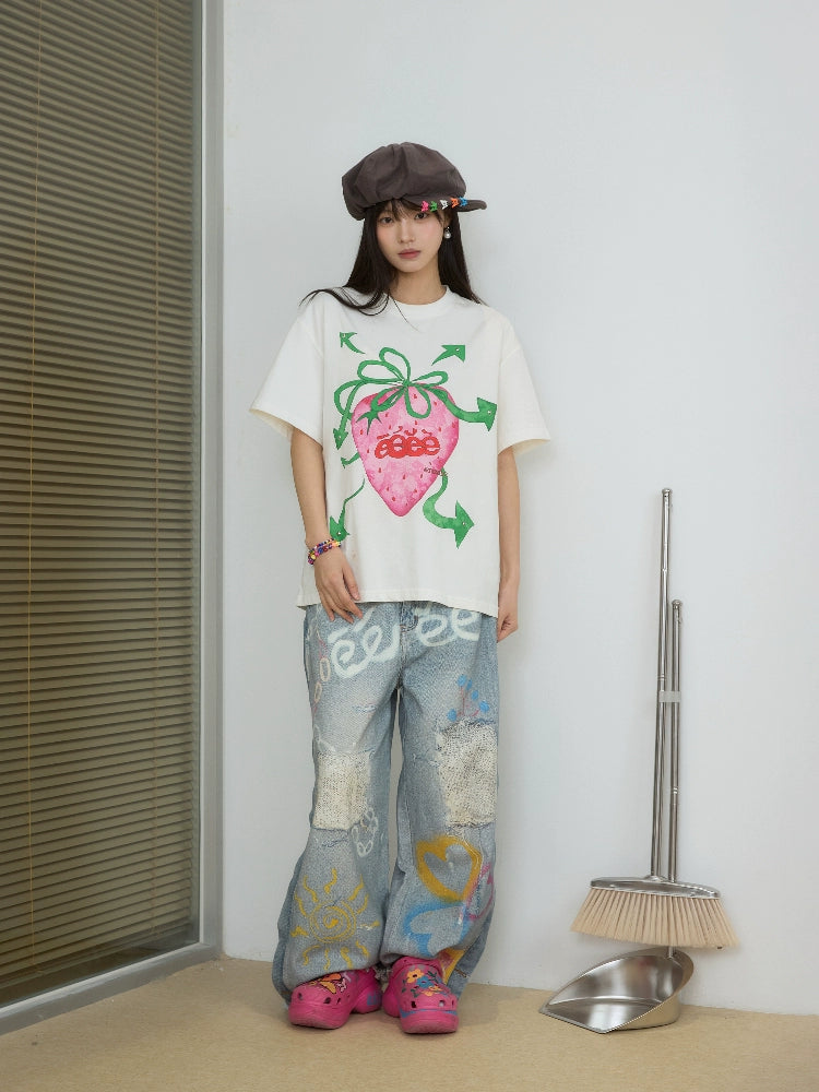 EeeeArtmonster Hand Painted Strawberry Rivet Tee