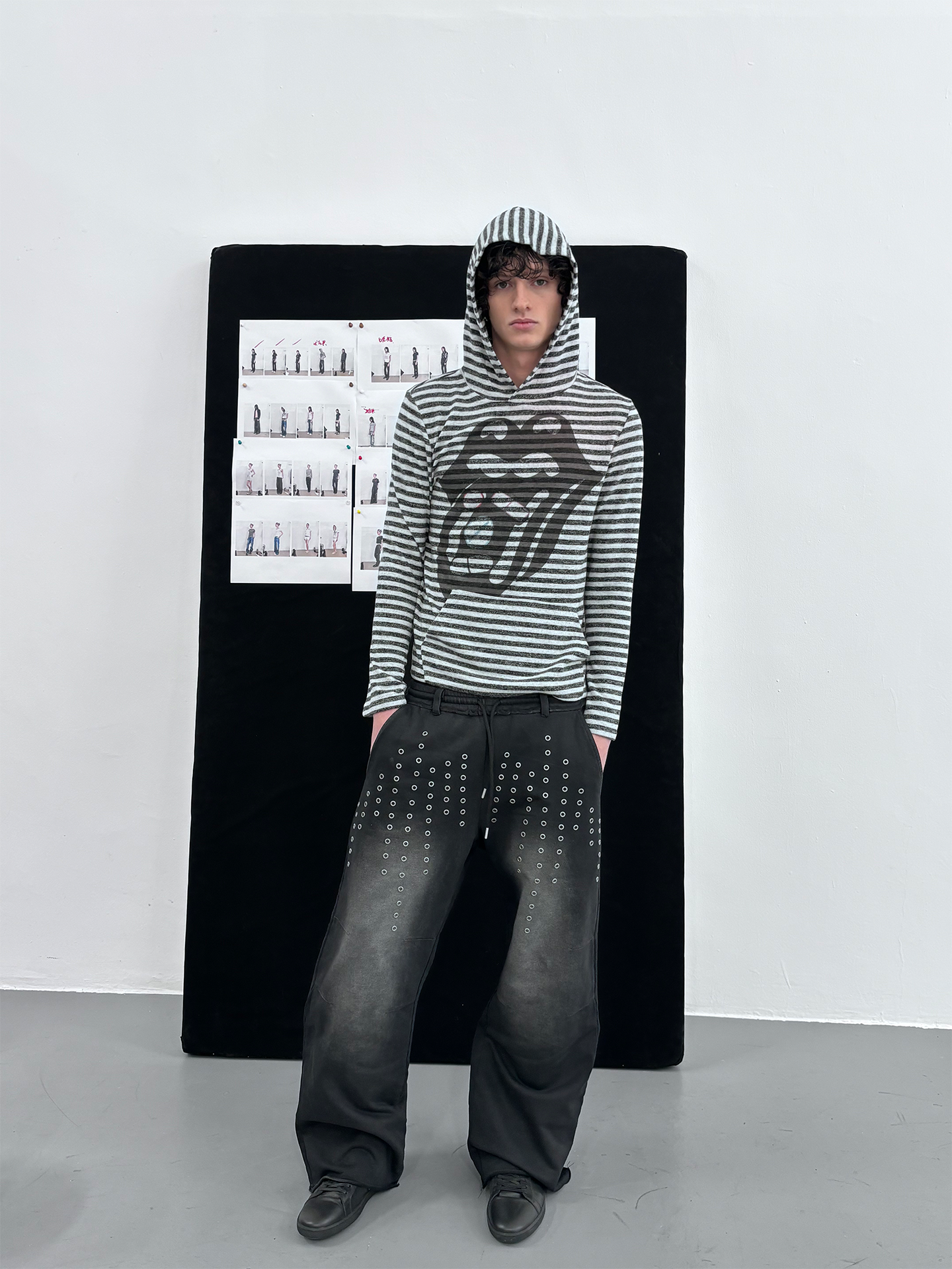 noEmosen hollow rivet plain silver wash baggy sweatpants