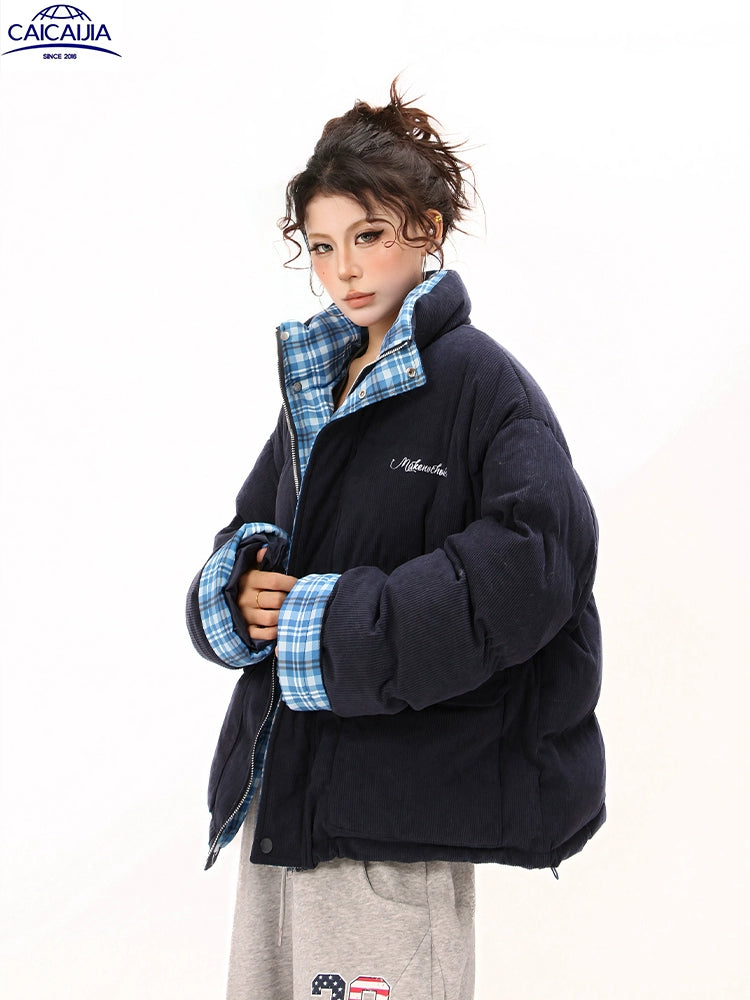 Kenvibe Plaid Paneled Loose Thickened Warm Jacket