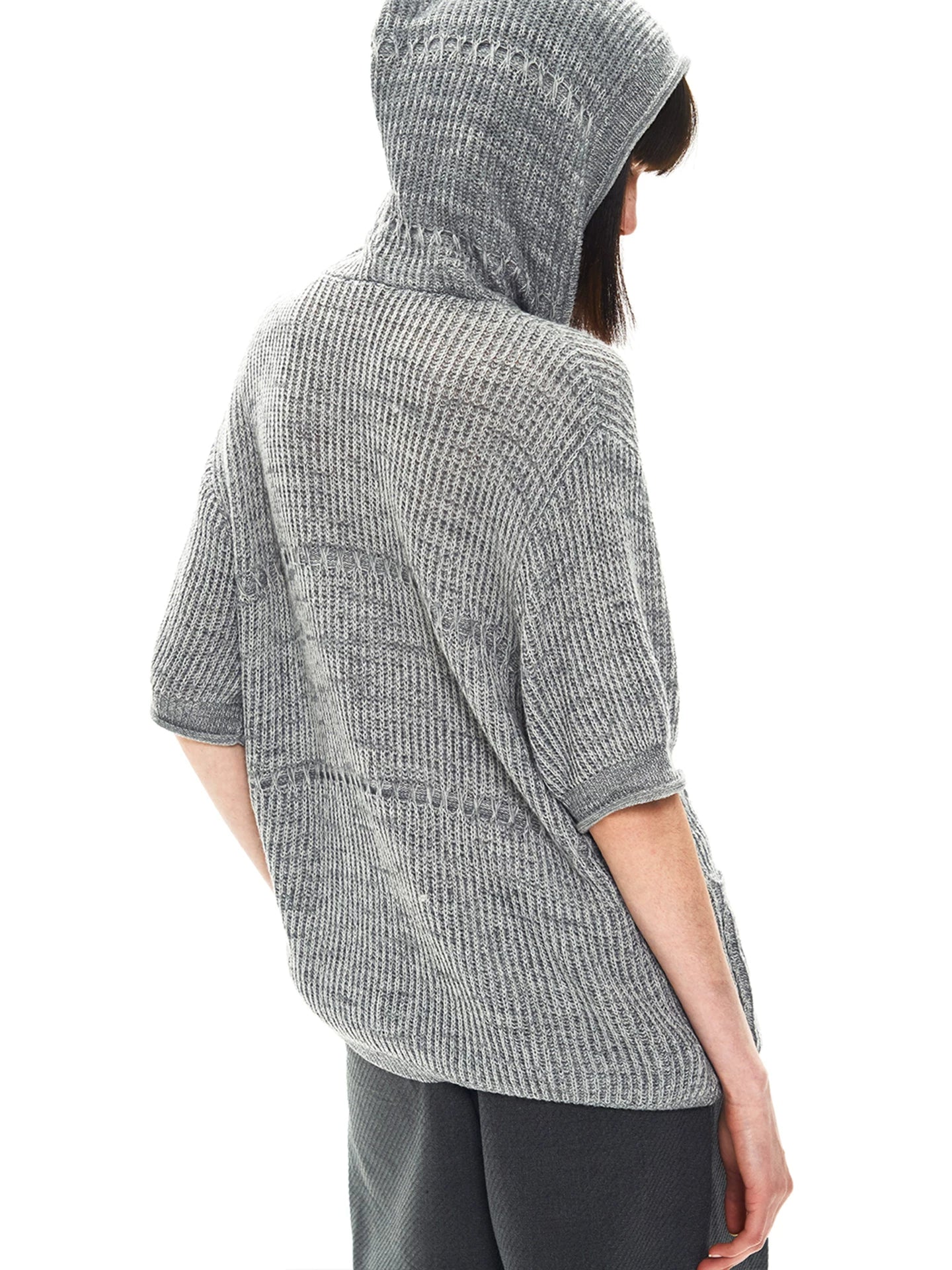 Slight Vogue Jacquard Hooded Wool Short Sleeve Cardigan
