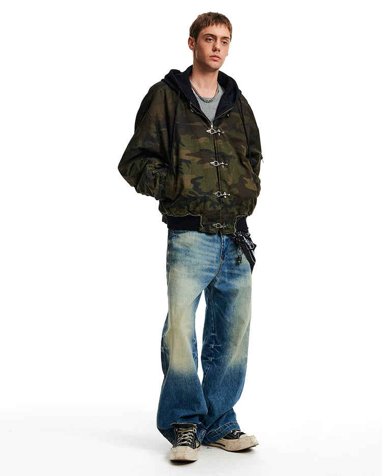 MADWITCH Retro Old Camouflage Aircraft Buckle Hooded Cotton Jacket