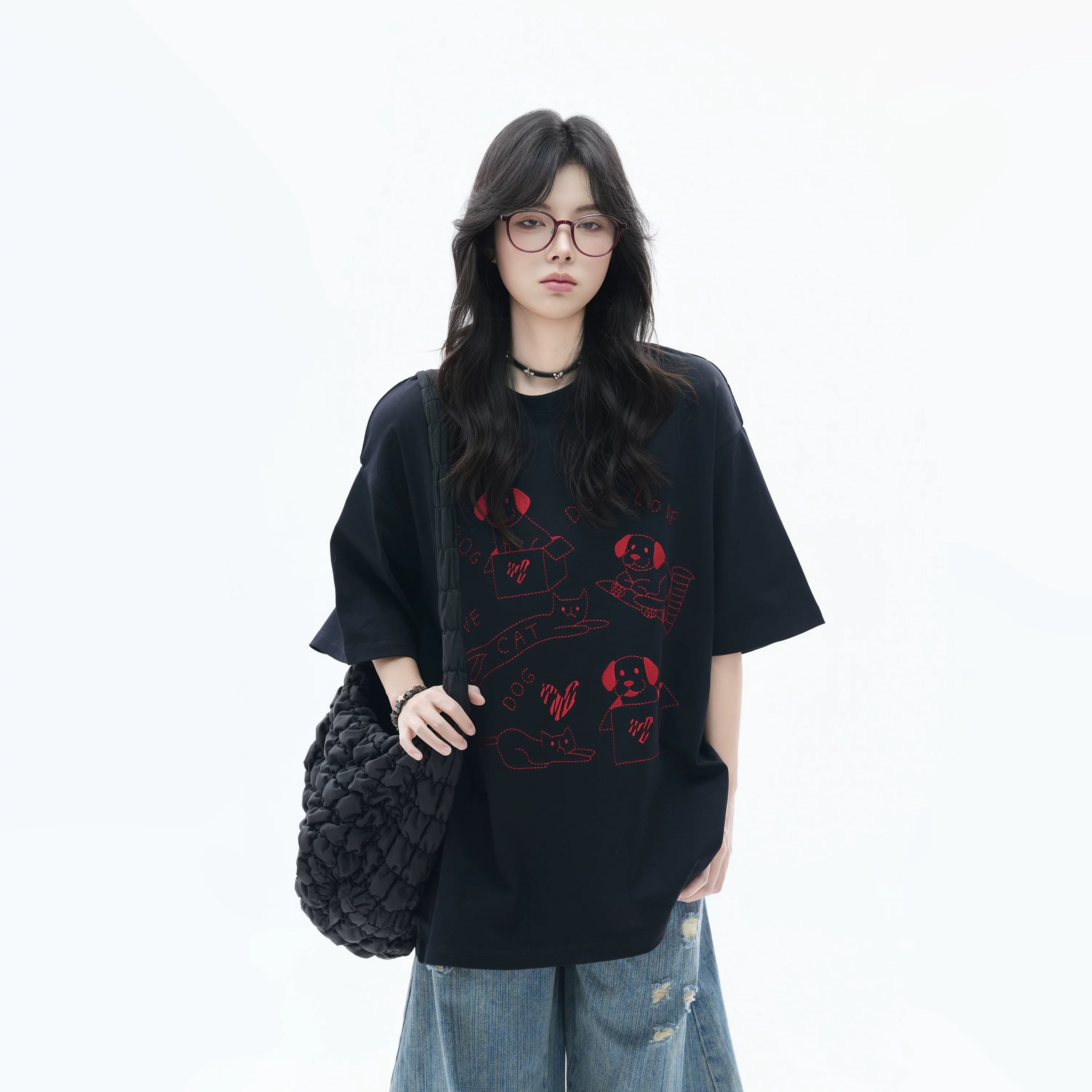 Zuocisankon Lazy Shoulder Fun Cute Cat Embroidery Tee