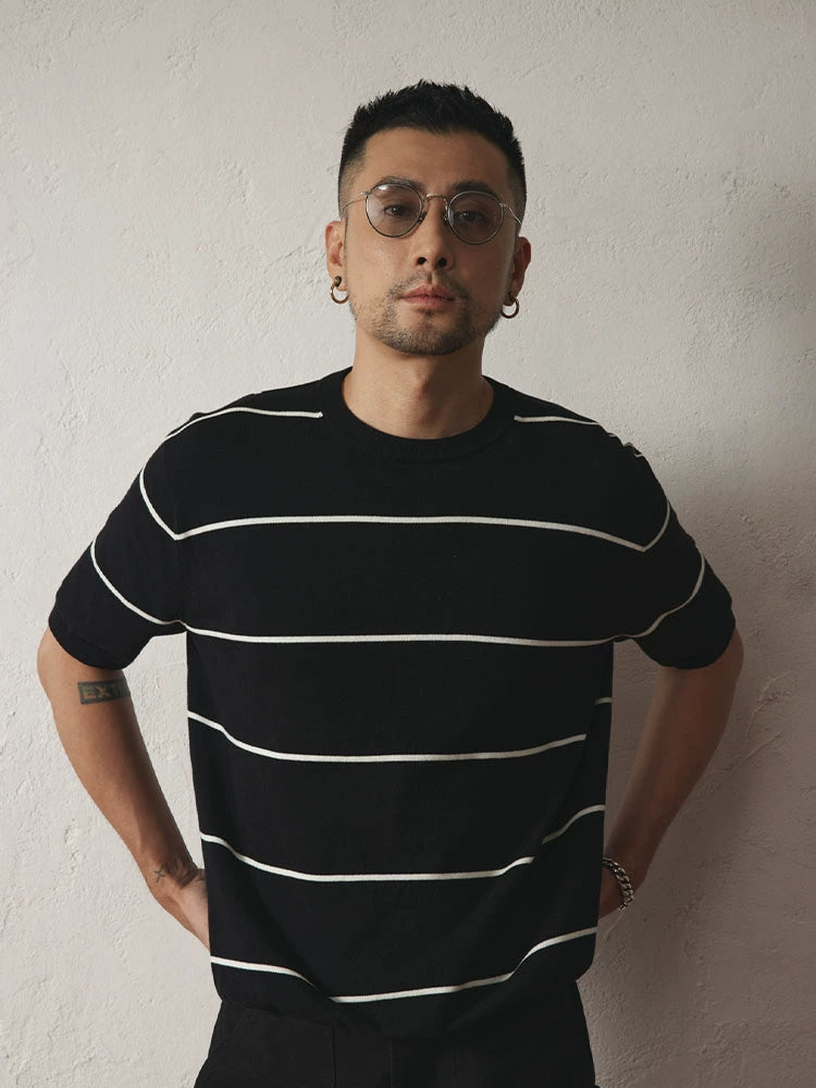 SUPERTOFU Striped Threaded Bottom Straight Shoulder Knitted Tee