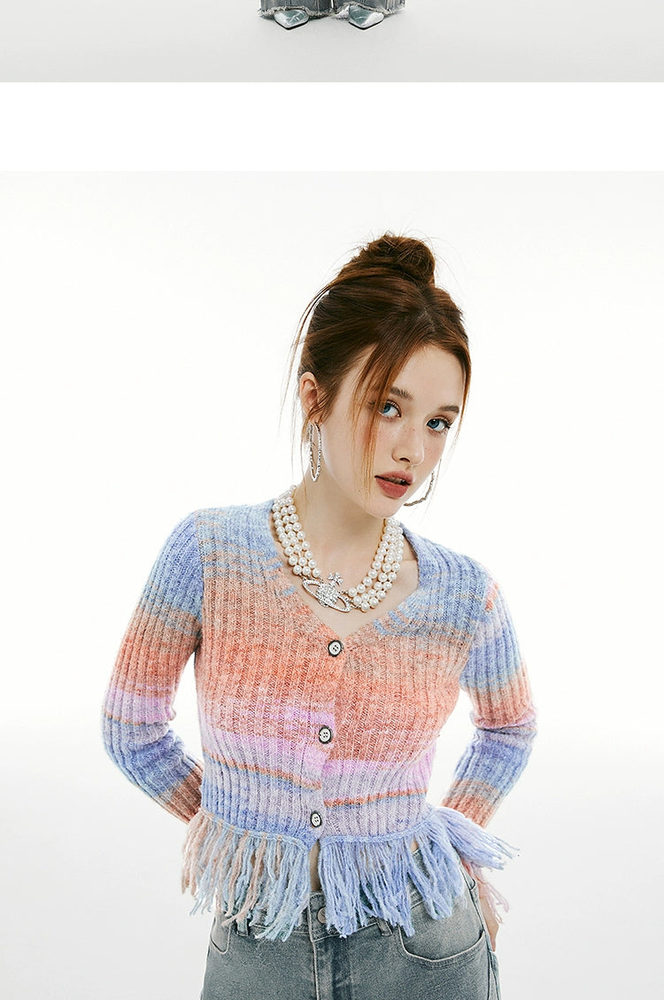 Imone Irregular Gradual Change Contrasting Tassel V-neck Knitted Sweater