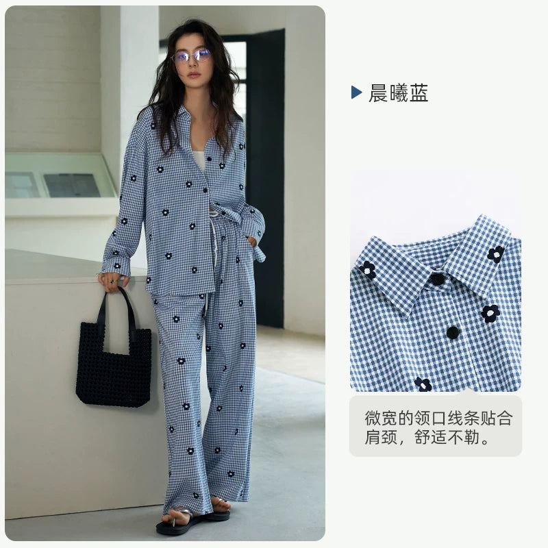 YUENEI Cotton Long Plaid Cardigan Set Pajamas