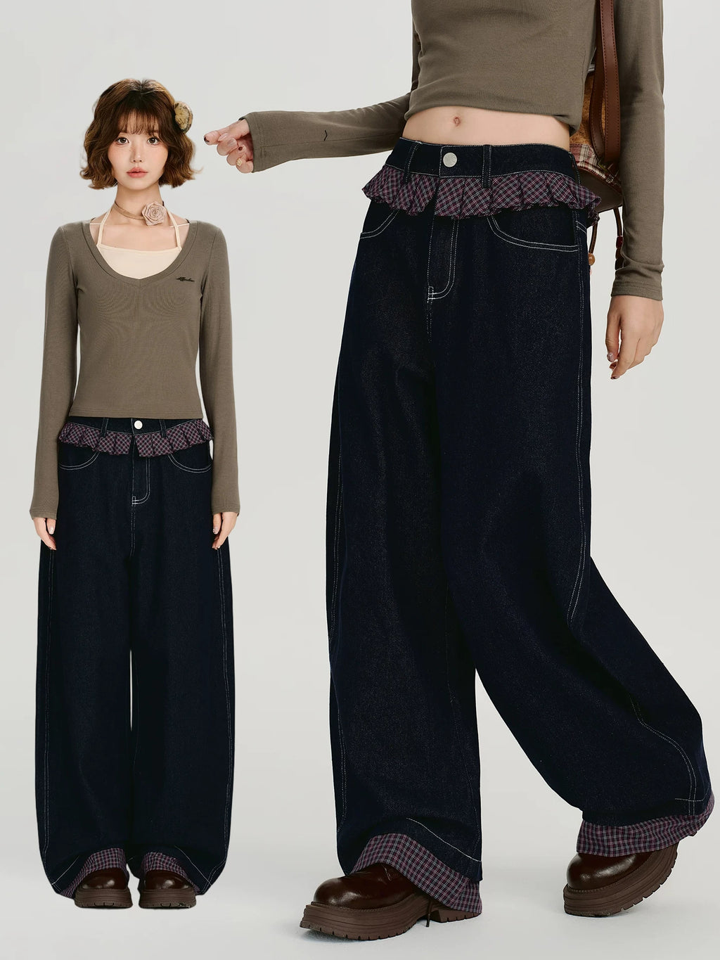 Girlyhalo Vintage Checked Lace Splicing Denim Scimitar Pants