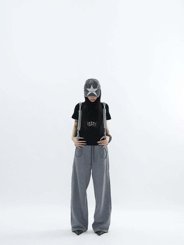 FUZZYKON Round Pocket Loose Straight Sweatpants