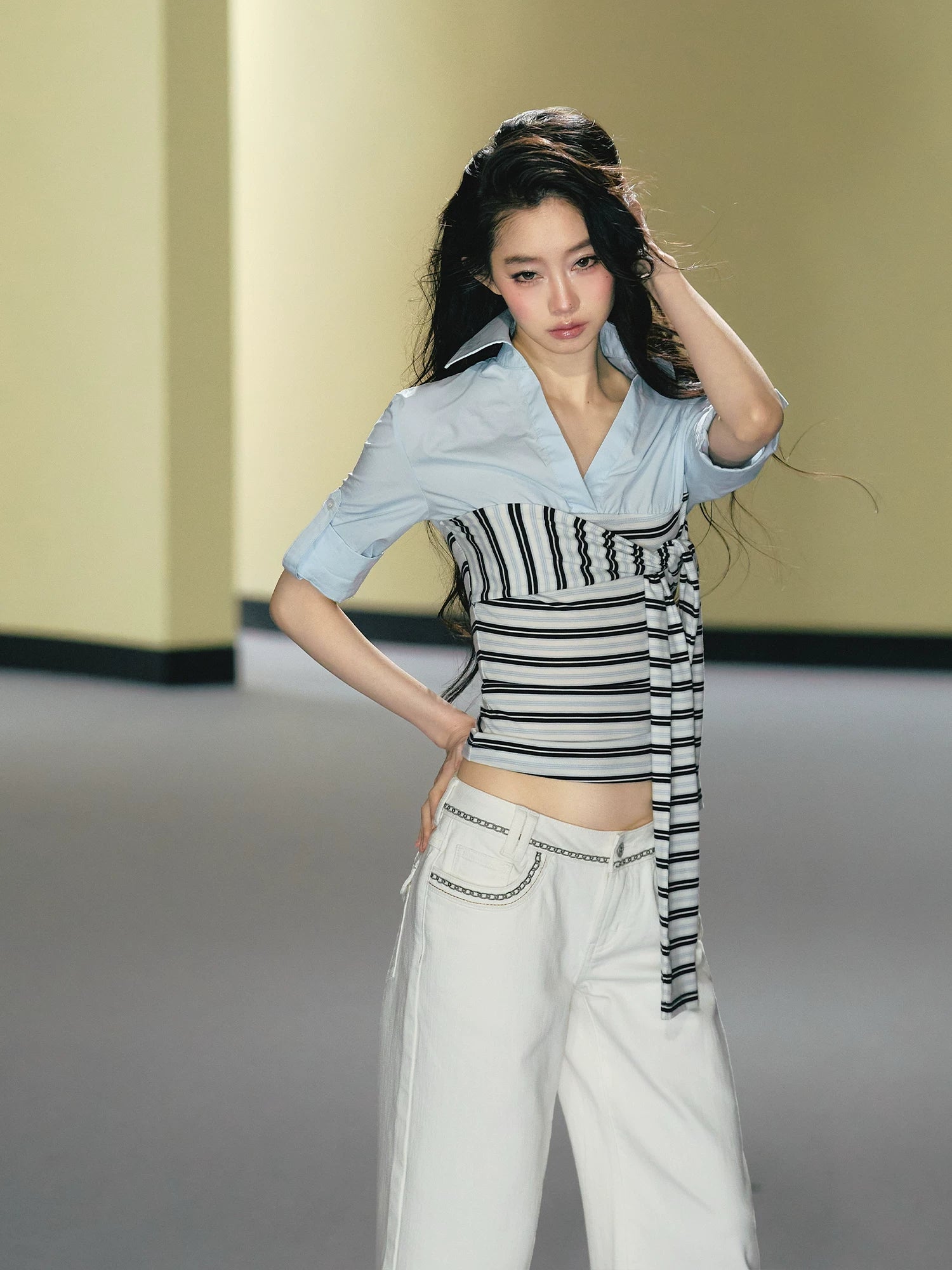 AGAM Fake Two-piece Stitched Striped Contrasting Strap Shirt