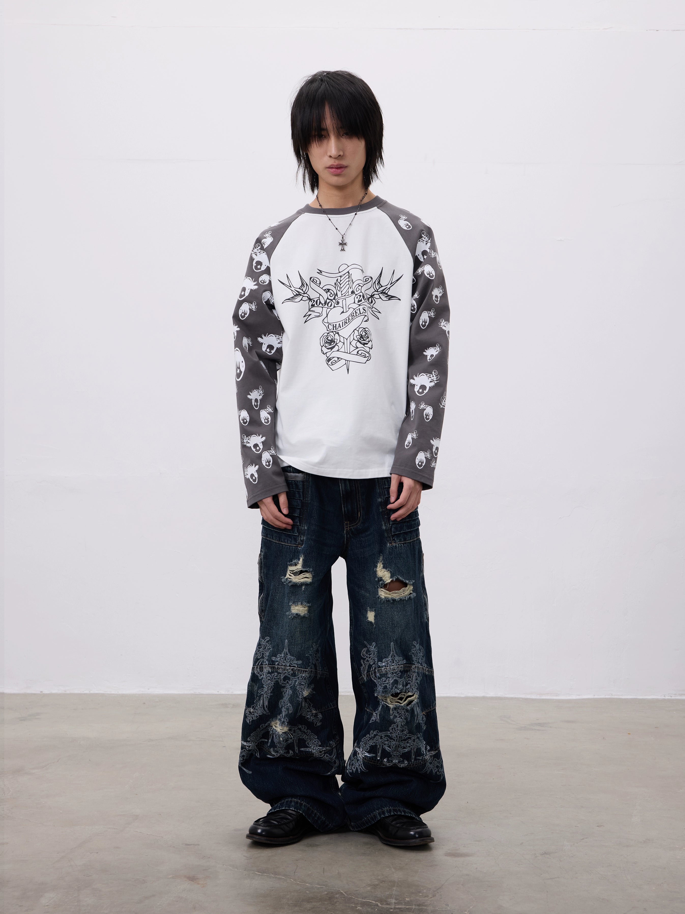 CHAI Music Note Avatar Printing Contrasting Colors Loose Long Sleeves