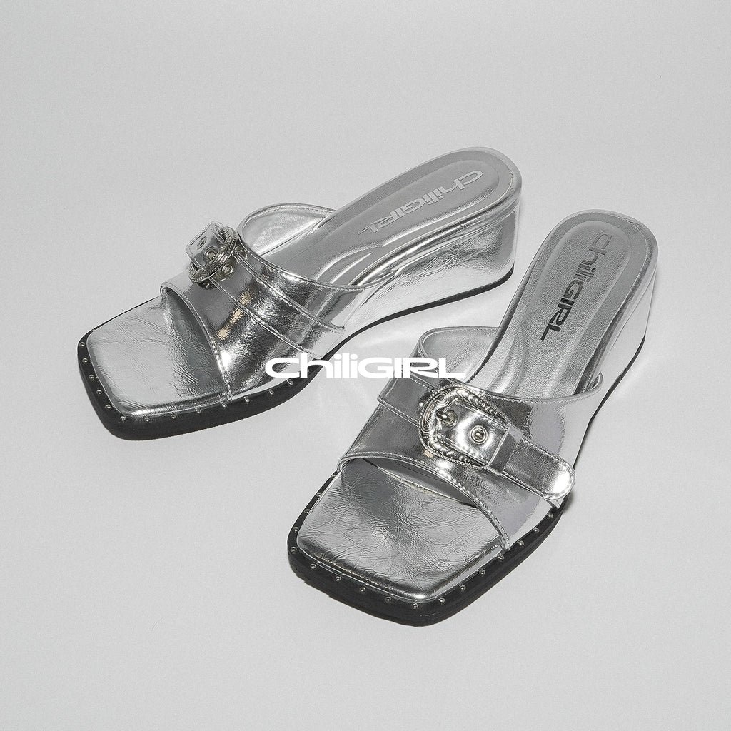 CHILIGIRL Wedge Heel Belt Buckle Open-toe Heightening One-word Sandals
