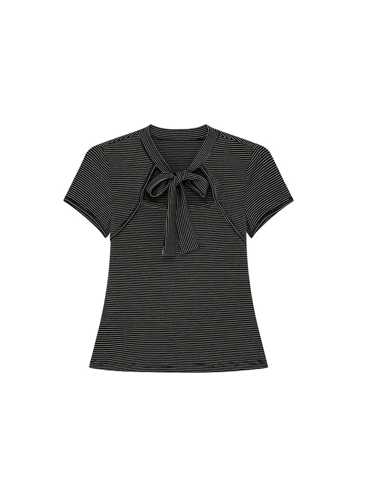 KANO Small Stand Up Collar Striped Strap Slim Fit Tee