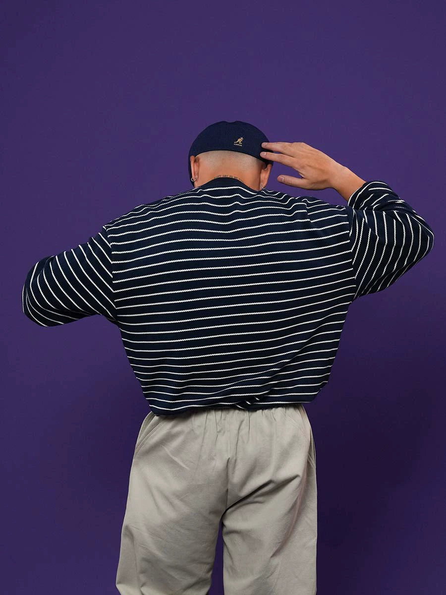 O3PARK Japanese Casual Collarless Striped Polo Shirt