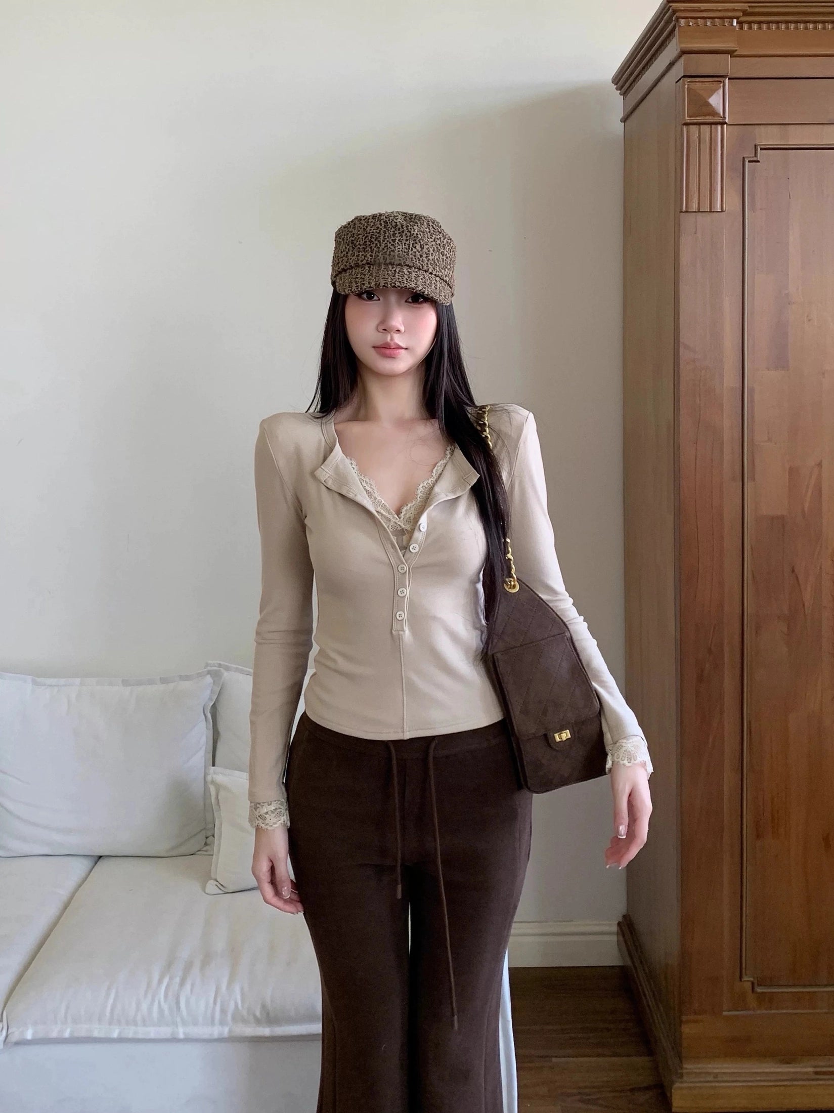 WITHMIN Slim Lace Fake Two Pieces Skinny Long Sleeves