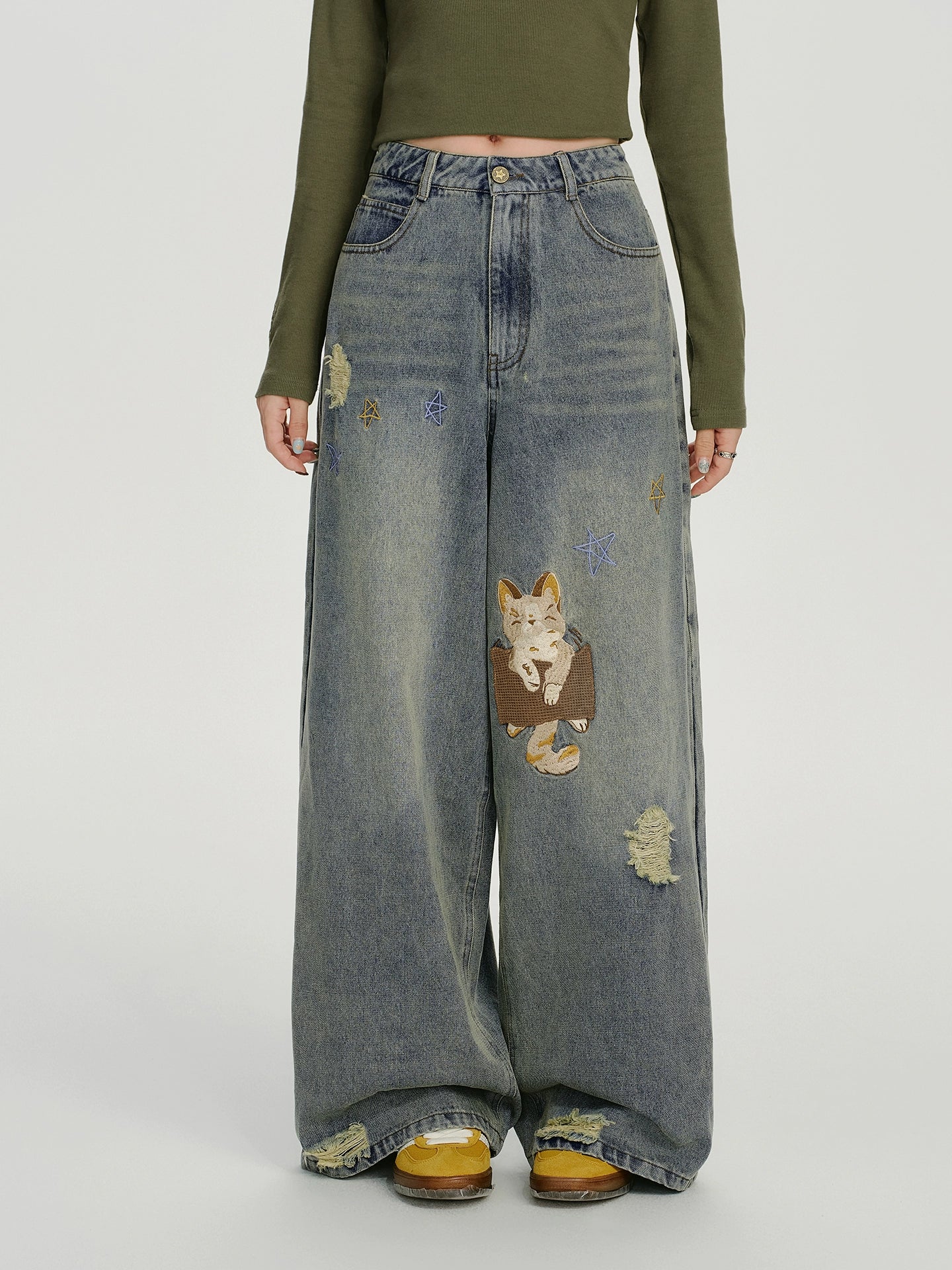 Girlyhalo Vintage Embroidered Loose Jeans