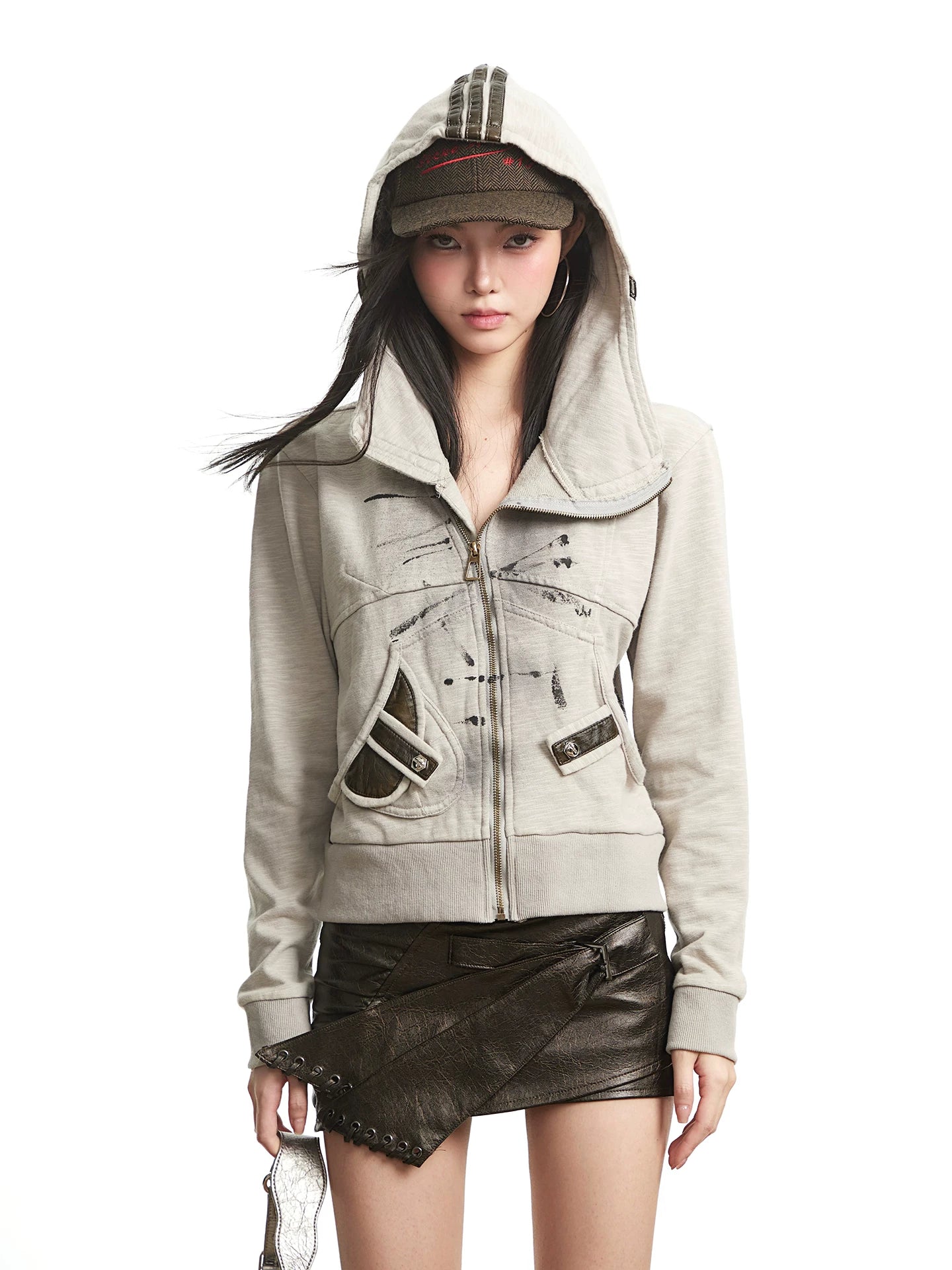 UNCMHISEX Vintage Niche Hooded Zip Jacket