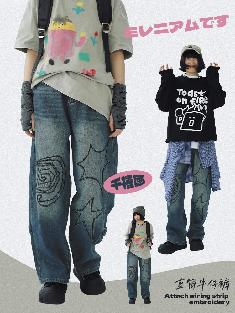STILLYOU Vintage Patch Line Embroidery Straight Jeans