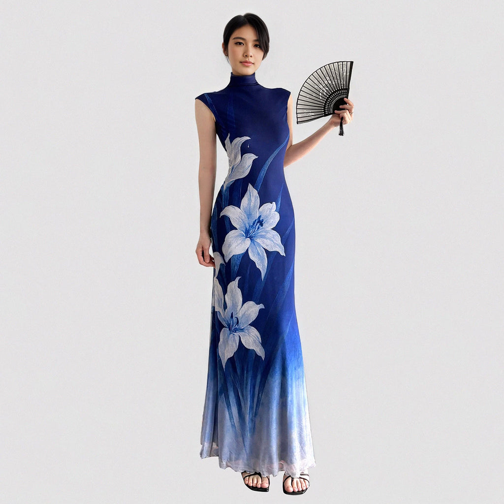 FUNOFF Retro Flower Gradual Change Waist Mesh Dress