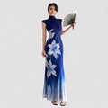 FUNOFF Retro Flower Gradual Change Waist Mesh Dress