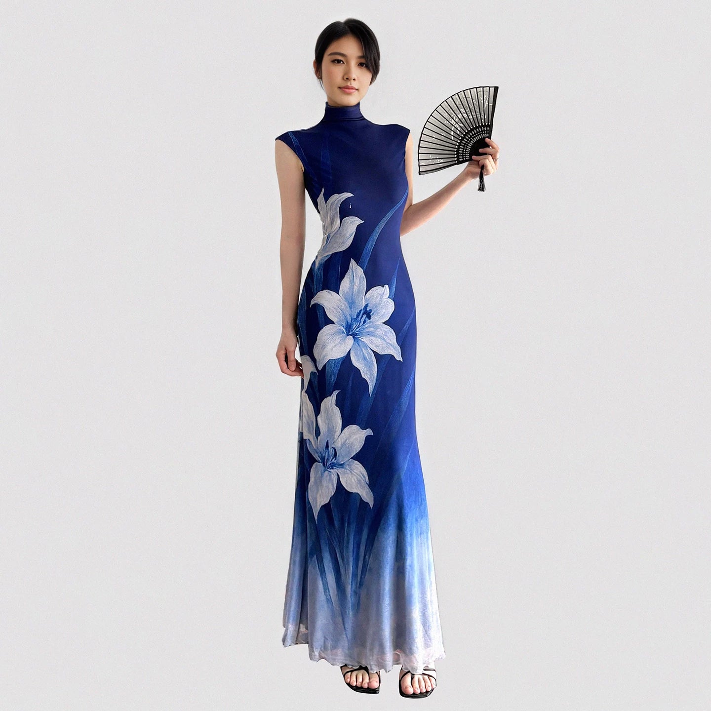 FUNOFF Retro Flower Gradual Change Waist Mesh Dress