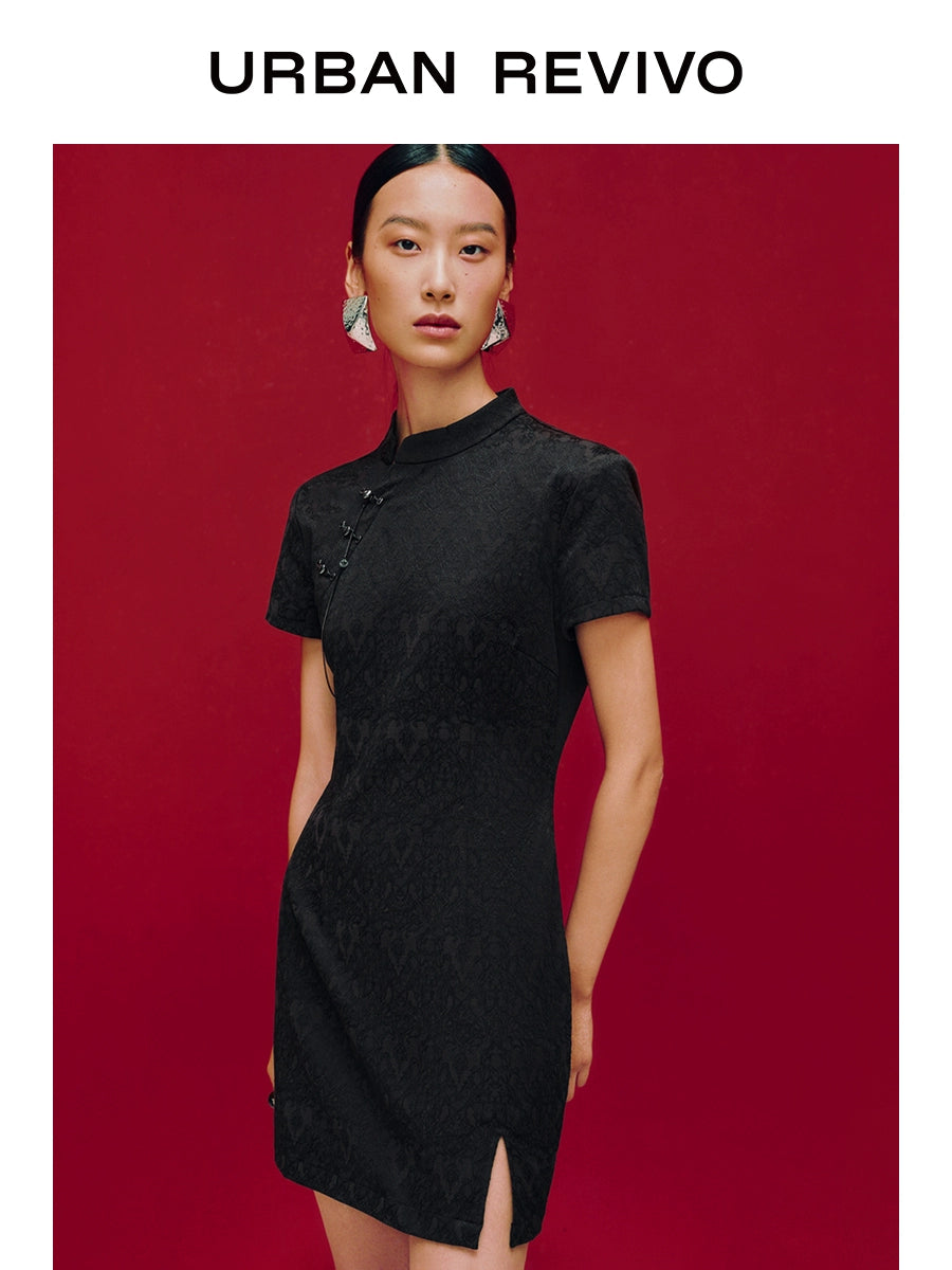 URBAN REVIVO Temperament National Style Jacquard Stand-up Collar Dress