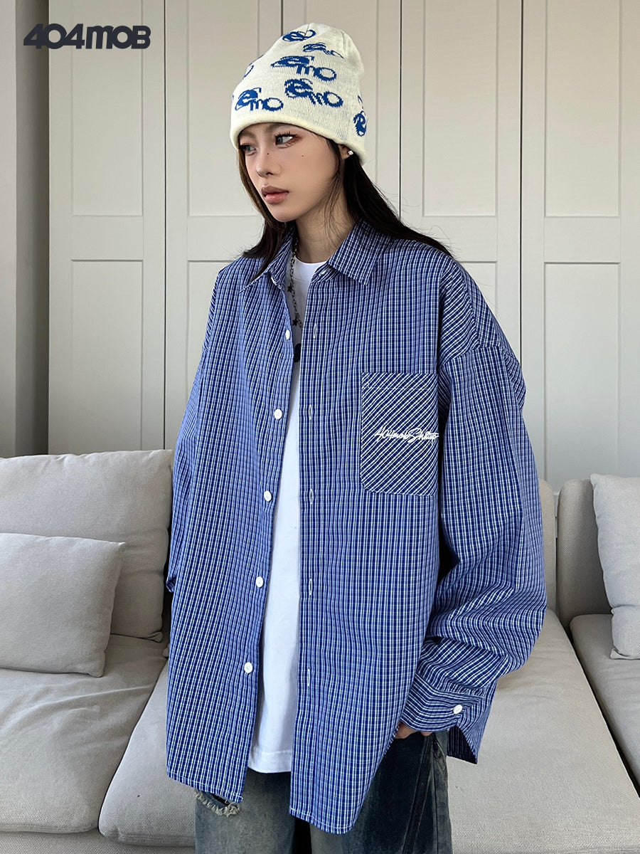 404MOB Embroidery Blue Grid Shirt