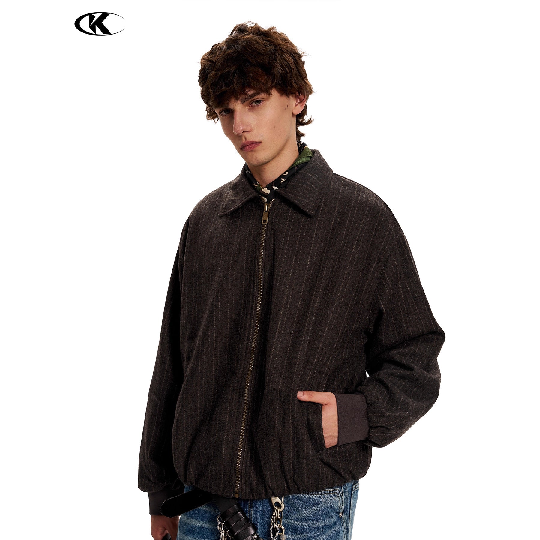 11KN Vintage Striped Short Wide Letter Embroidered Jacket