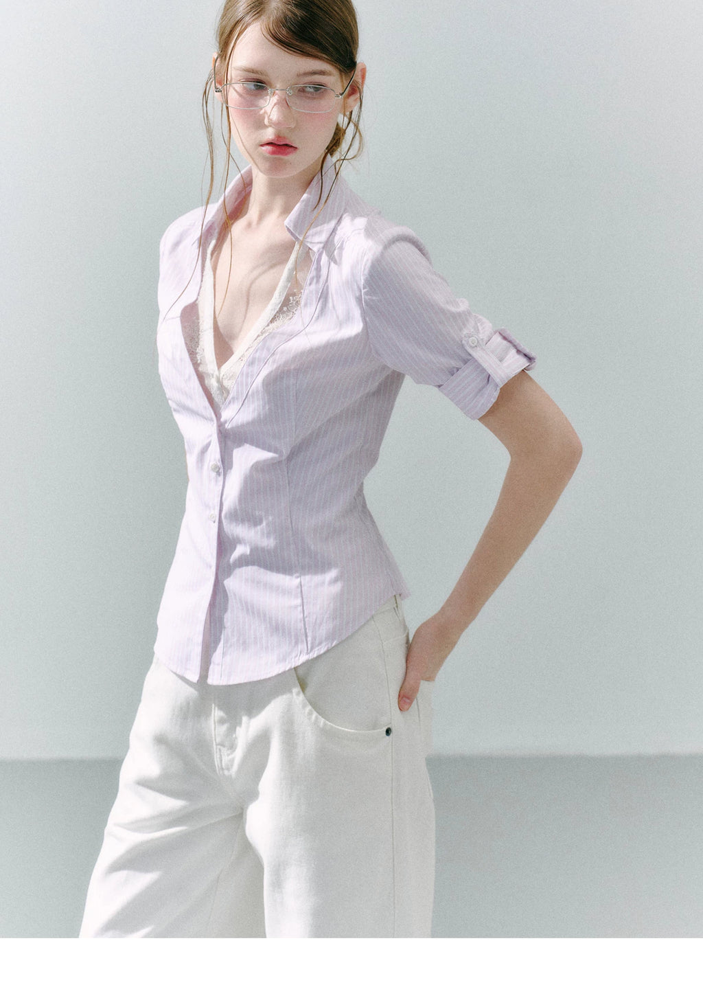 LOST FOREST Low-neck Lace Fake Two-piece Slim-fit Shirt