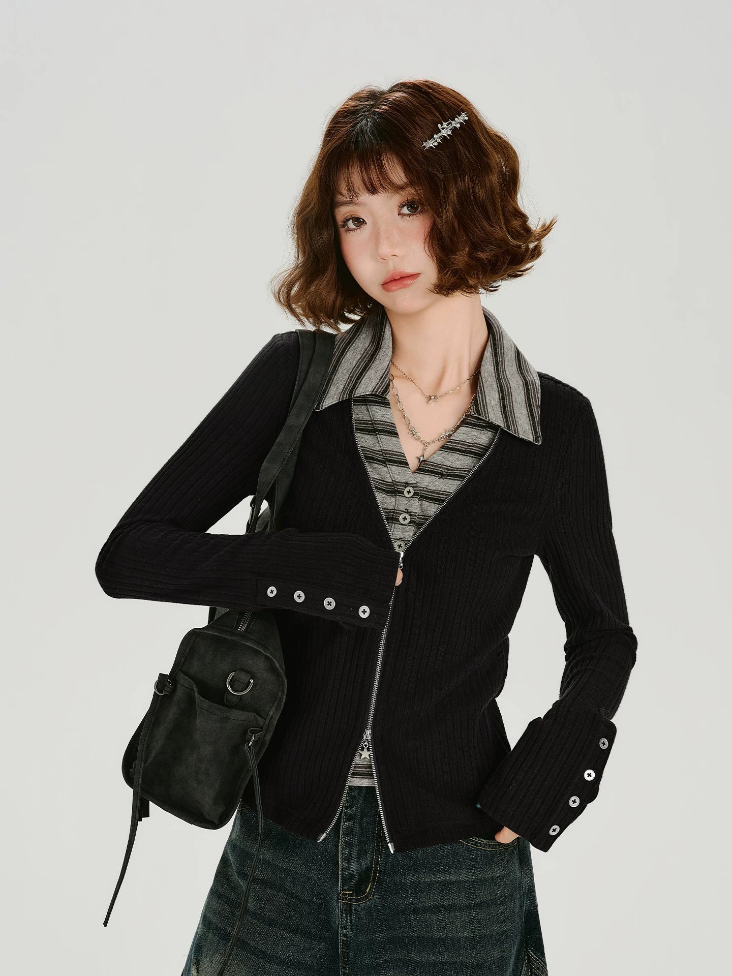 Girlyhalo Vintage Fake Two-Piece Slim-Fit Long Sleeve