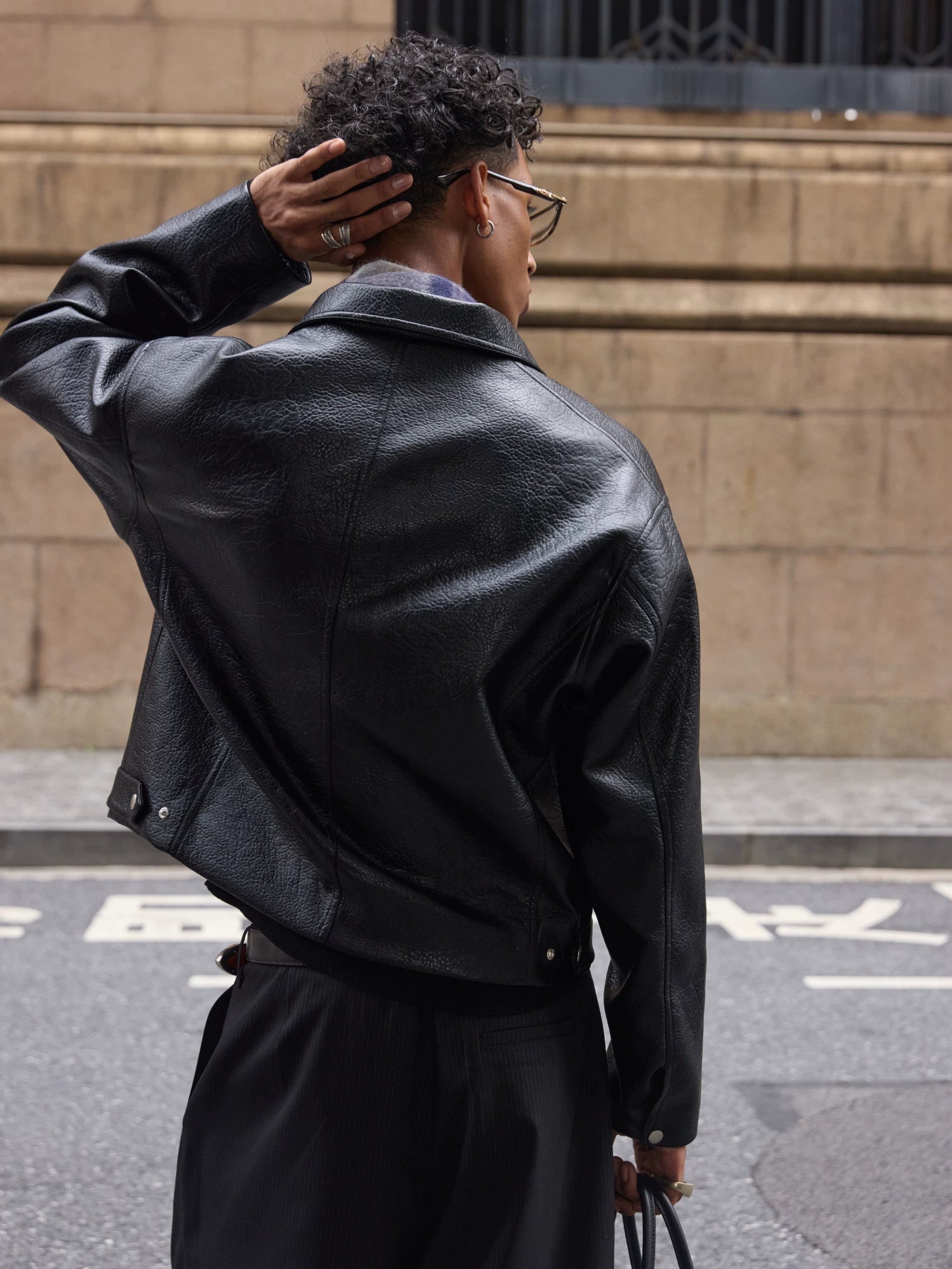 VLABMADE Matte Textured PU Leather Short Wide Silhouette Leather Jacket