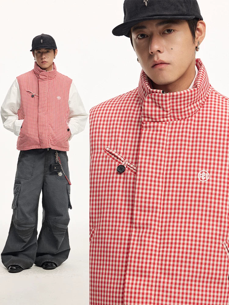 CoosRetro Plaid Logo Embroidery Casual Loose Warm Vest