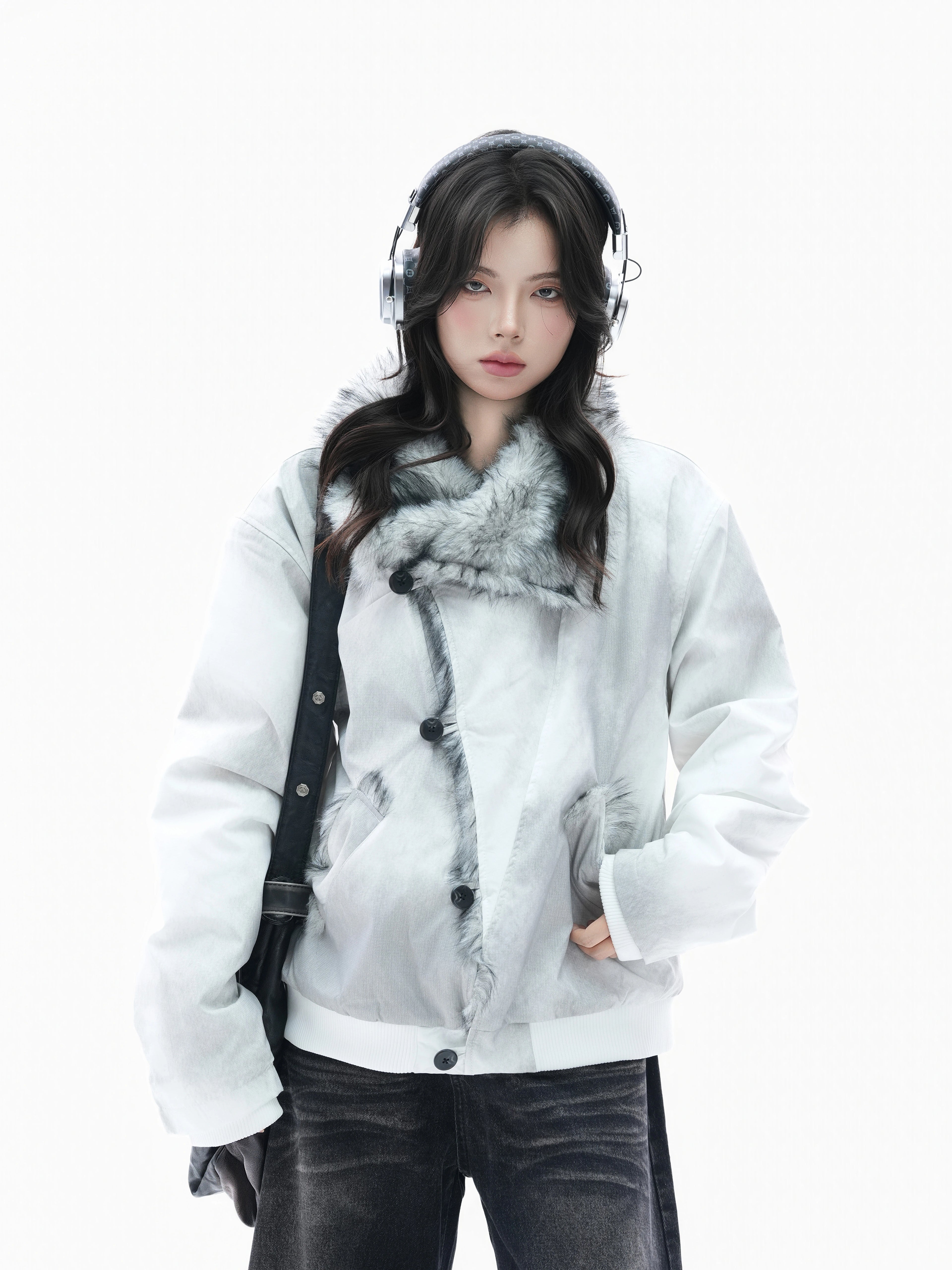 Zuocisankon Plush Lapel Diagonal Buckle Tie-dyed Cotton Jacket