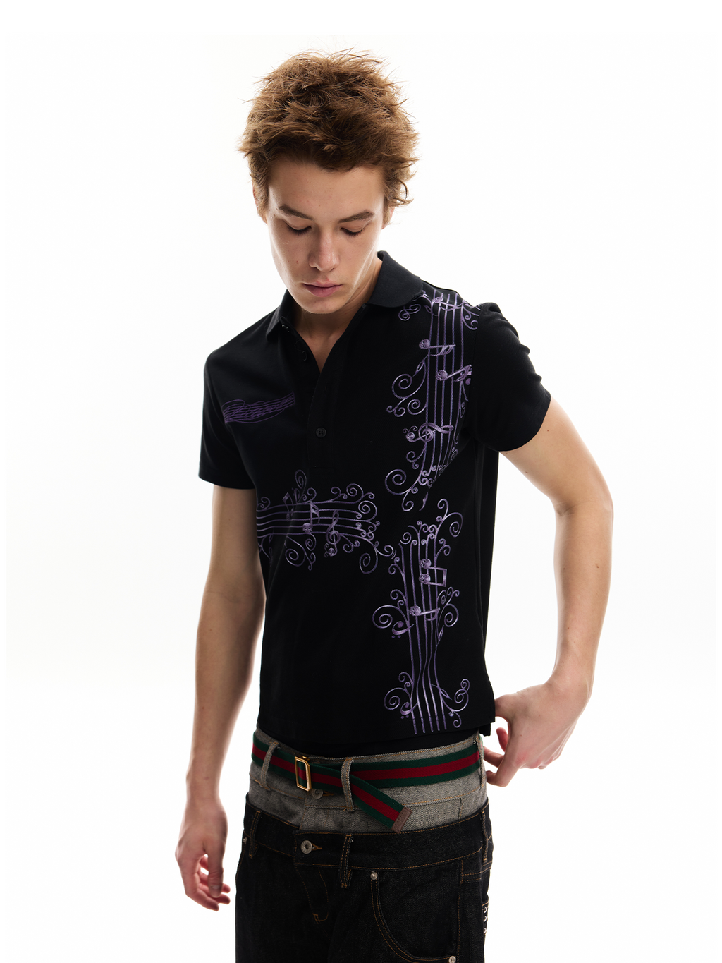 No E Mosen Purple Vine Music Note Print Casual Tee